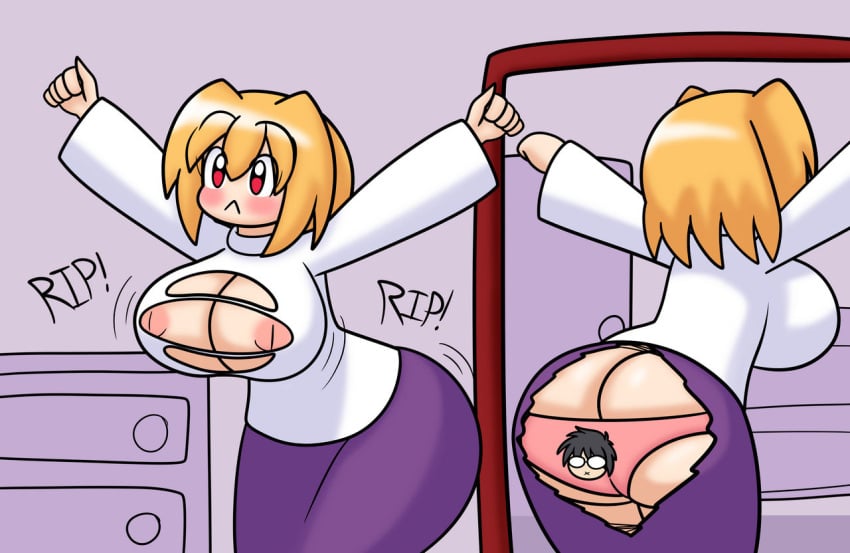 :< accidental_exposure arcueid_brunestud black_hair blonde_hair bubble_butt cute_panties embarrassed flustered furniture glasses huge_ass huge_breasts large_breasts melty_blood mirror mirror_reflection nipples nipples_visible_through_clothing no_bra panties pink_panties purple_skirt red_eyes ripped_clothing ripped_skirt ripped_sweater ripping_clothing short_hair skirt stretching sweater tearing_clothes tearing_clothing tearing_open_bottoms tearing_open_top tohno_shiki torn_open_bottoms torn_open_top tsukihime wardrobe_malfunction wide_hips yoshister