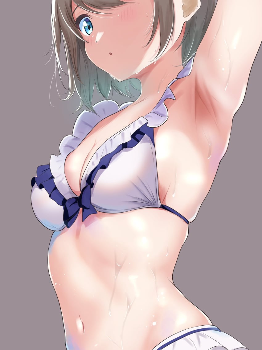 arm_up armpits arms_above_head arms_up bare_armpits bare_arms bare_belly bare_chest bare_hips bare_midriff bare_navel bare_shoulders bare_skin bare_torso bikini blue_eyes blue_eyes_female blush blush blush_lines blushing_at_viewer blushing_female borgbutler bow breasts brown_eyebrows brown_hair brown_hair_female cleavage dripping_wet female frilled_bikini frills grey_background hands_above_head hands_up hips hourglass_figure love_live! love_live!_sunshine!! medium_breasts navel open_mouth parted_lips short_hair sideboob sidelocks simple_background slender_body slender_waist slim_girl slim_waist soaked solo sweat sweatdrop swimsuit thin_waist underboob upper_body waist watanabe_you wet wet_belly wet_bikini wet_body wet_breasts wet_face wet_hair wet_skin wide_hips