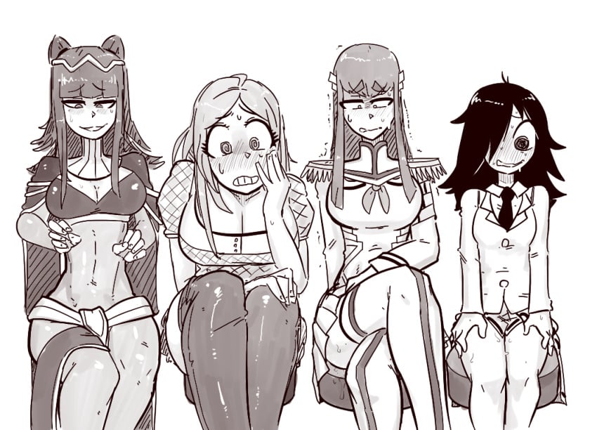 4girls @_@ blunt_bangs bodystocking bodysuit breasts bridal_gauntlets cape cleavage clenched_teeth crossed_legs crossover dildo epaulettes female female_only fire_emblem fire_emblem_awakening greyscale hair_over_one_eye implied_object_insertion jacket junketsu kill_la_kill kiryuuin_satsuki kuroki_tomoko large_breasts medium_breasts miniskirt monochrome multiple_crossover multiple_girls necktie nintendo okita_kyouko okusan pleated_skirt raised_eyebrows school_uniform sitting skirt smile stool sweat teeth tenk tharja_(fire_emblem) thetenk thick_eyebrows thighhighs trembling watashi_ga_motenai_no_wa_dou_kangaetemo_omaera_ga_warui!