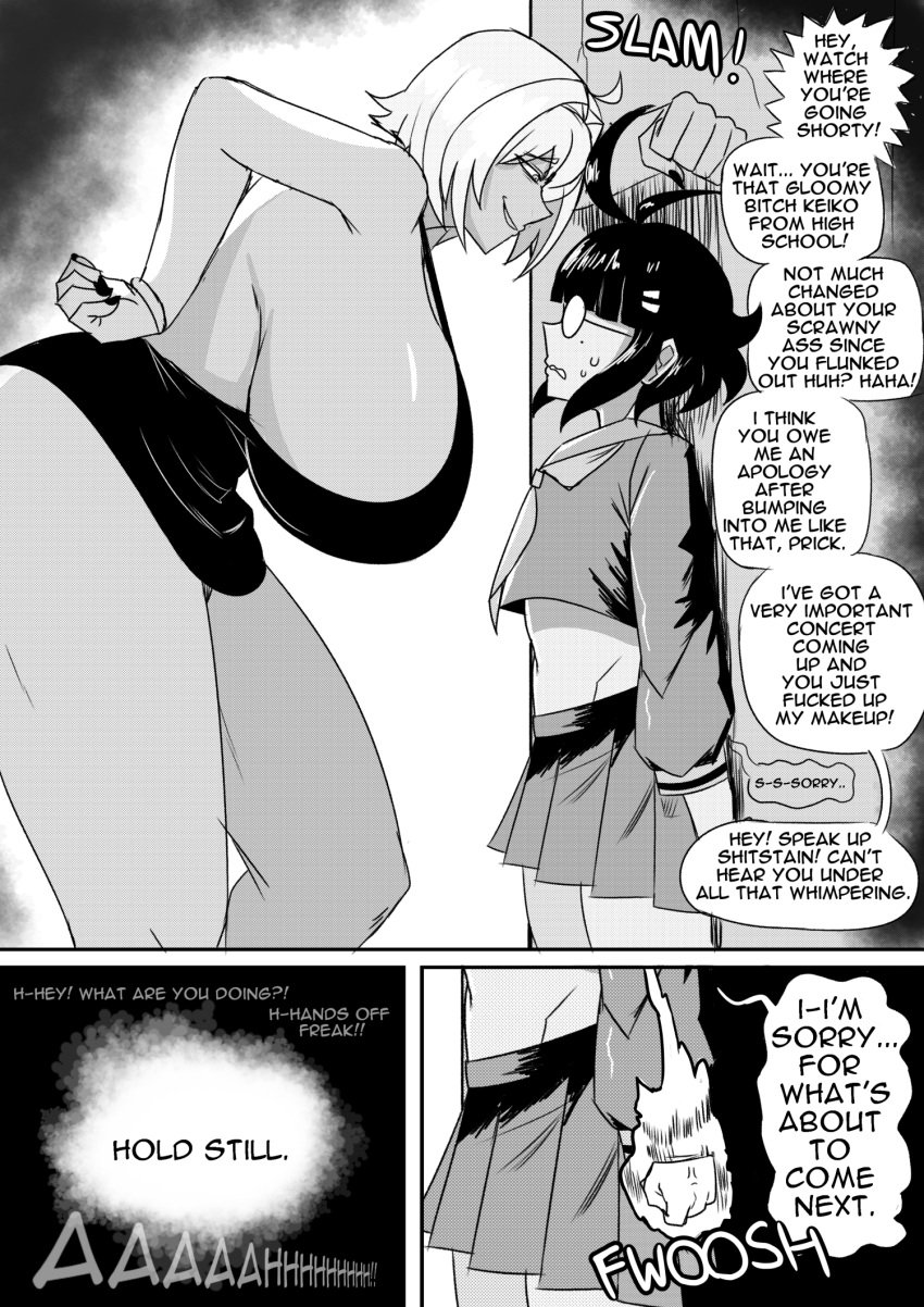 2girls against_wall ahoge bully comic comic_page dialogue dress emmarrgus from_side glasses hand_on_hip huge_breasts keiko_(emmarrgus) leaning_forward nervous original original_character school_uniform serafuku sideboob size_theft sweat taller_girl