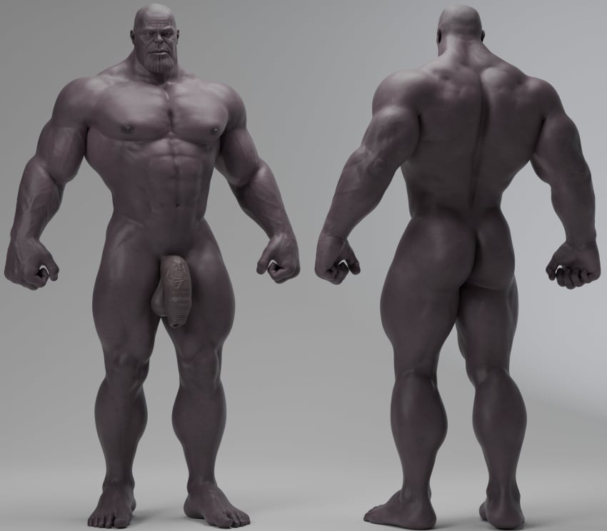 1boy ass back_view bald balls bara barazoku front_view male male_only marvel marvel_comics muscular muscular_male penis purple_body purple_skin rear_view solo solo_male thanos voluox