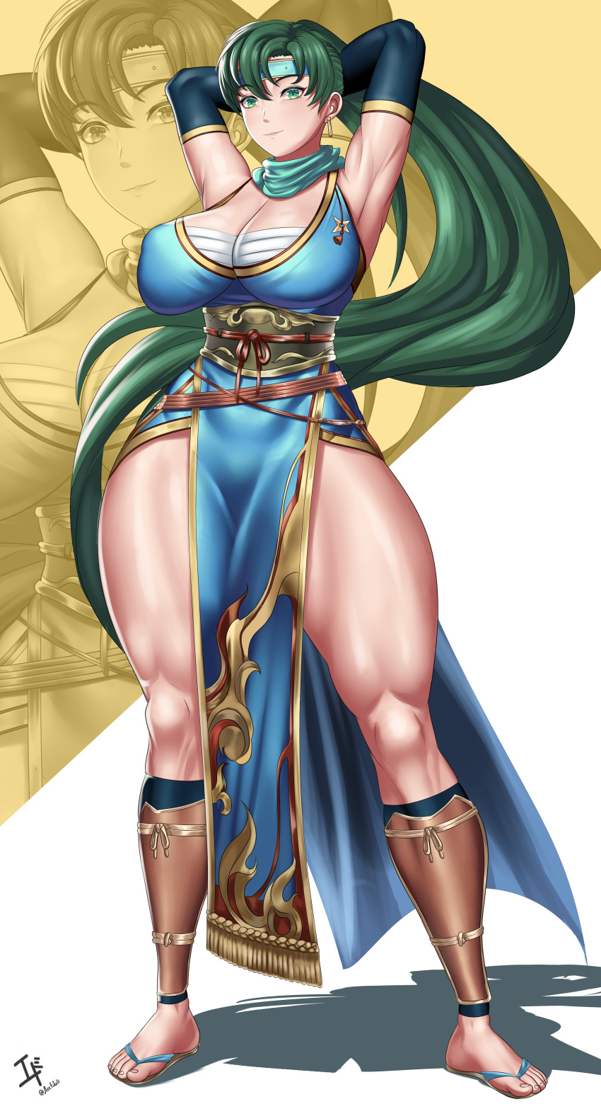 1girls arcedo armpits arms_behind_head bare_legs breasts chest_sarashi cleavage covered_nipples earrings elbow_gloves female female_only fire_emblem fire_emblem:_the_blazing_blade fire_emblem_heroes full_body gloves green_eyes green_hair large_breasts legs long_hair looking_at_viewer lyn_(fire_emblem) lyn_(ninja)_(fire_emblem) ninja nintendo pelvic_curtain ponytail sandals sarashi smile solo standing very_long_hair