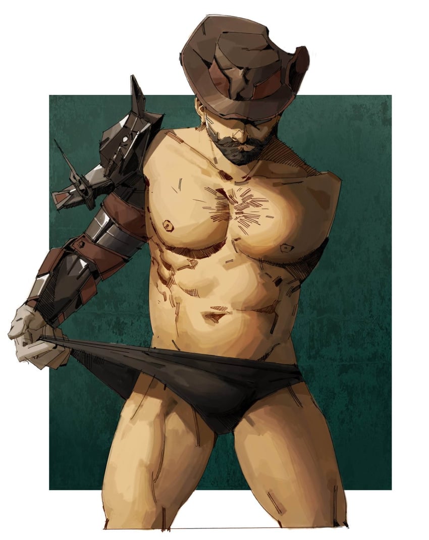 apex_legends chest_hair fuse_(apex_legends) jasonvix male_only pulling_underwear shirtless