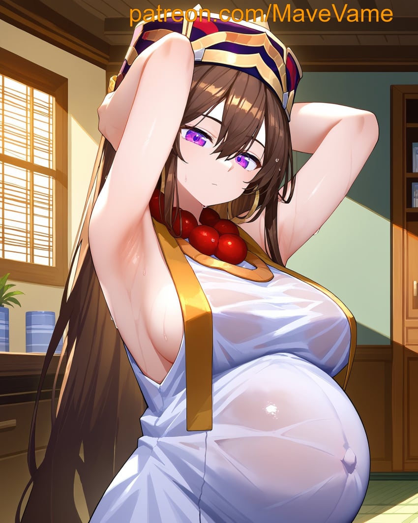 ai_generated armpits brown_hair earrings fate/grand_order fate_(series) hands_behind_head pregnant purple_eyes sweat xuangzang_sanzang_(fate) xuanzang_(fate)