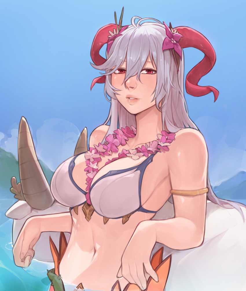 1girls alternate_costume armpits bare_arms bare_midriff bare_shoulders bikini breasts cleavage collarbone female female_only fire_emblem fire_emblem_heroes flower flower_necklace freyja_(fire_emblem) freyja_(summer)_(fire_emblem) grey_hair hair_between_eyes hair_flower horns inflatable_toy kalruna large_breasts long_hair looking_at_viewer midriff nintendo ocean official_alternate_costume outdoors partially_submerged plushie red_eyes shoulders solo swimsuit white_bikini white_swimsuit