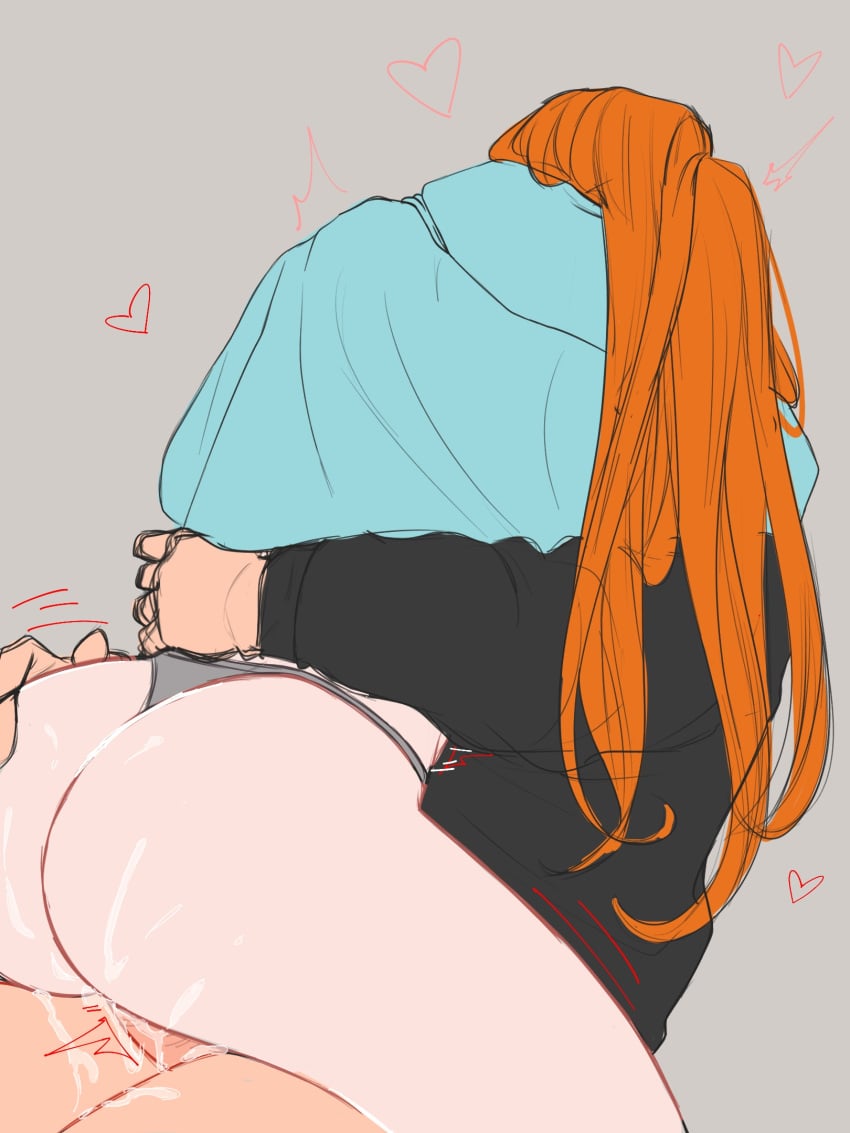 1girls ass big_ass bleach clothed clothed_sex cum cum_on_ass female huge_ass hugging inoue_orihime lotus_position orange_hair penetration sex sitting_on_person straddling tanukilk thick_thighs