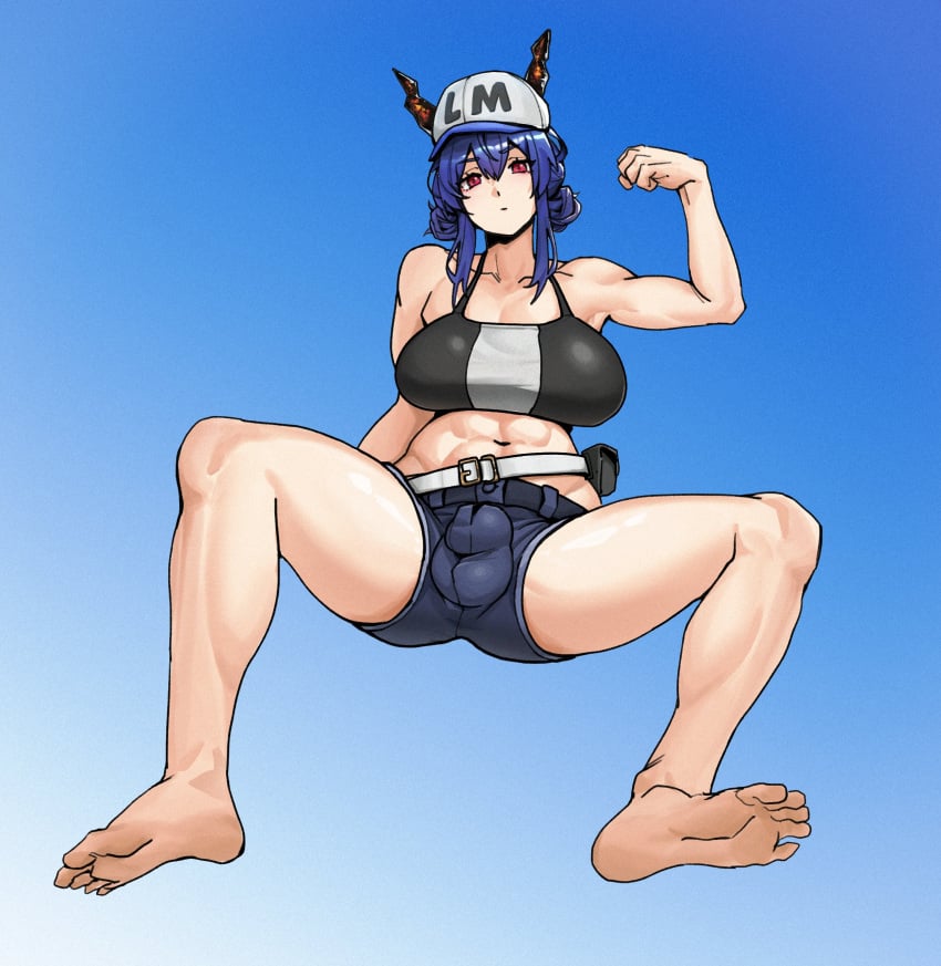 1futa arknights balls big_breasts blue_hair breasts bulge ch'en_(arknights) clothed clothing congopostvi dragon_girl dragon_horns fully_clothed futa_only futanari human light-skinned_futanari light_skin long_hair muscular muscular_futanari penis shorts solo