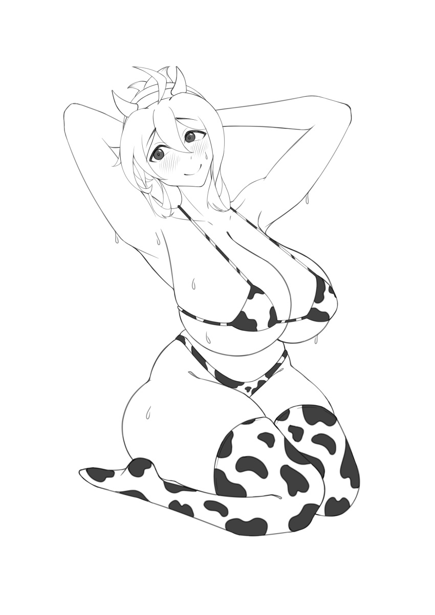 absurdres alternate_costume animal_print armpits arms_behind_head ass bikini blush breasts cow_print cow_print_bikini female full_body highres horn_hairband huge_ass huge_breasts lockfox midriff monochrome ponytail print_bikini sitting smile socks solo sweat sweatdrop swimsuit torre_(tower_of_sky) tower_of_sky wariza