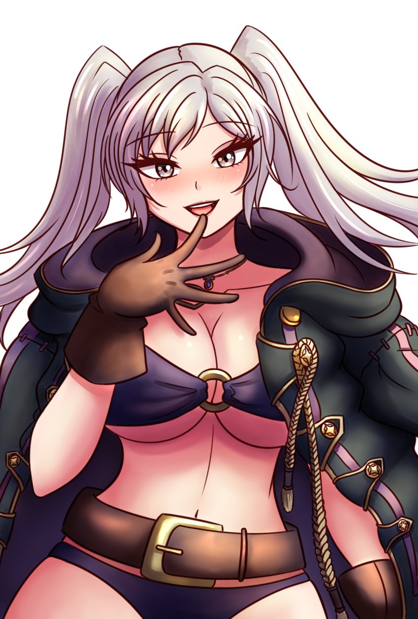 1girls alternate_costume belt bikini breasts cleavage female female_only fire_emblem fire_emblem_awakening gloves grey_eyes grey_hair hand_on_own_face large_breasts long_hair looking_at_viewer nintendo o-ring o-ring_bikini official_alternate_costume open_mouth purple_bikini purple_swimsuit robin_(female)_(summer)_(fire_emblem) robin_(fire_emblem) robin_(fire_emblem)_(female) smile solo swimsuit twintails underboob willanator