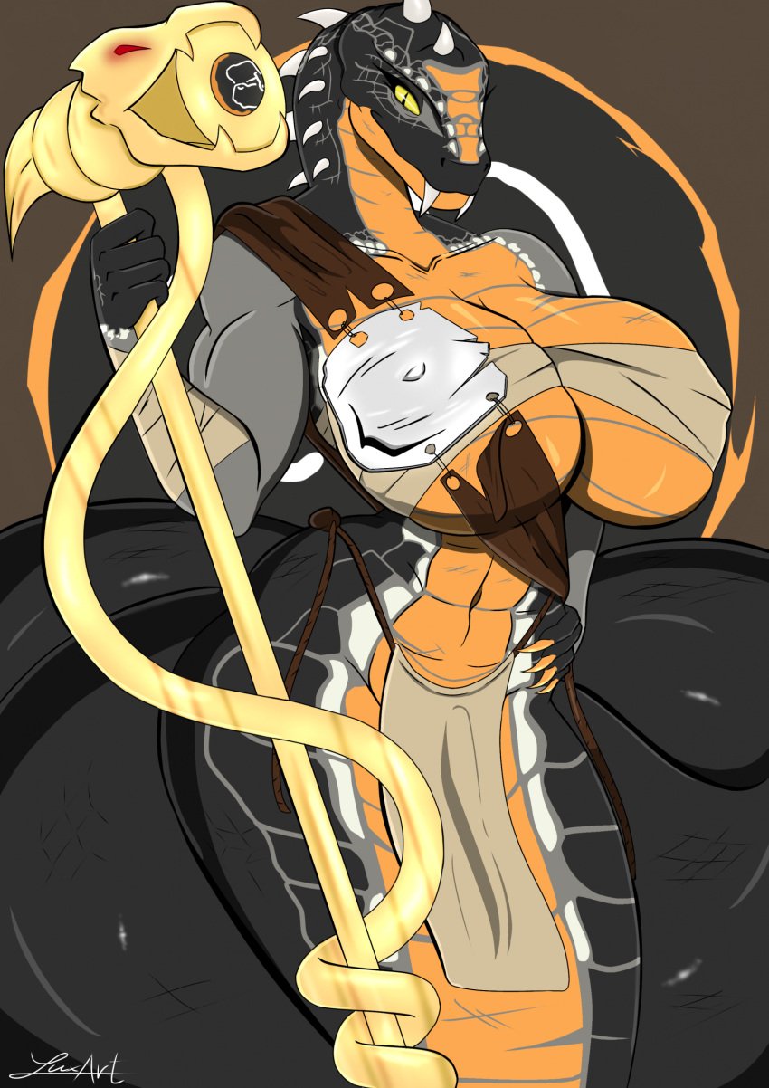 anthro armwear big_breasts black_body breasts clothed clothing constrictai fangs female gem gold_(metal) hi_res lego luxartking ninjago orange_body partially_clothed reptile rise_of_the_snakes_(ninjago) rule_63 scalie serpentine serpentine_(ninjago) skalidor_(ninjago) snake snake_eyes solo spikes spikes_(anatomy) staff tagme tail teeth tribal tribal_clothing wide_hips yellow_eyes