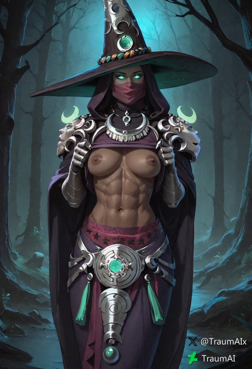 1girls abs ai_generated breasts_out dark-skinned_female dark_skin female female_focus female_only fit fit_female flashing flashing_breasts glowing_eyes green_eyes hades_(game) hades_2 hecate hecate_(hades) lifting_shirt medium_breasts self_upload solo solo_female toned toned_female traumai witch witch_hat