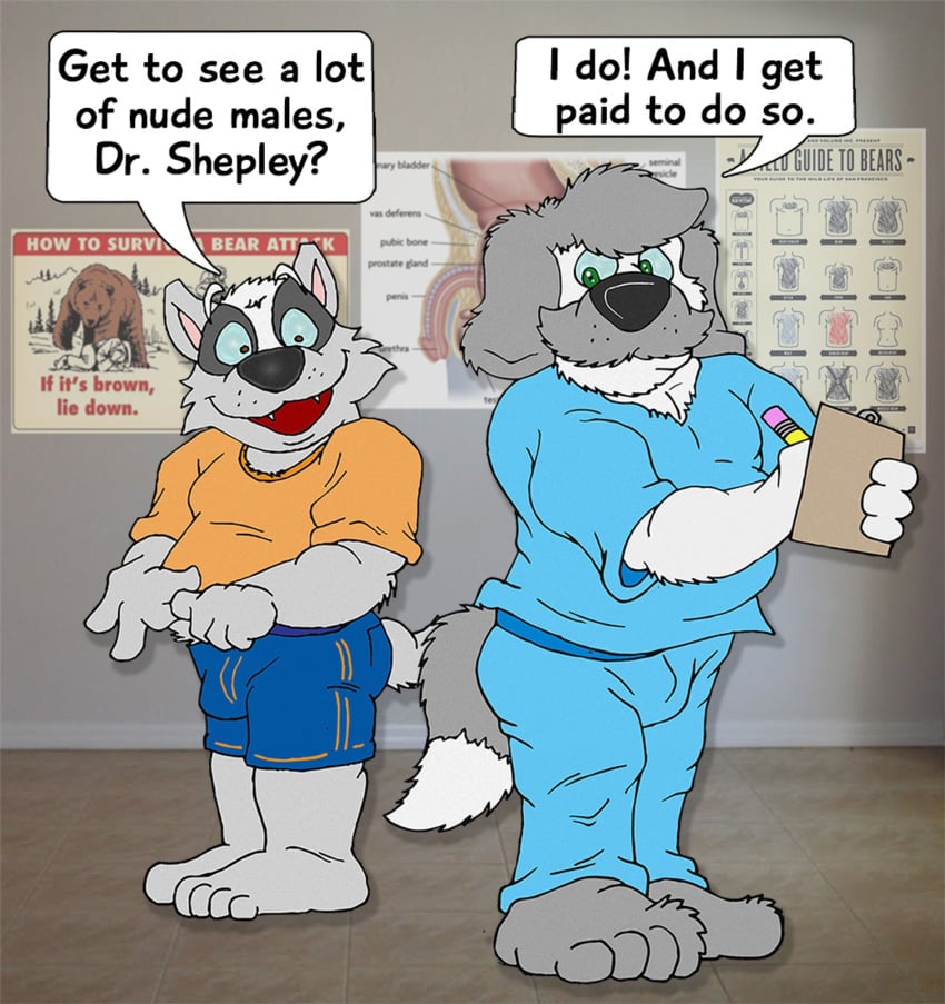 anthro badger barefoot biological_illustration black_nose black_text blue_bottomwear blue_clothing blue_sclera blue_scrubs blue_shorts bottomwear brown_eyes bruce_(brucebadger) bruce_badger brucebadger bulge canid canine canis clothing dialog_balloon dialogue doctor's_office domestic_dog duo english_text facial_hair feet floor fur genitals green_eyes grey_body grey_fur herding_dog hi_res inside male male/male mammal medical_chart medical_illustration moustache mustelid musteline old_english_sheepdog open_mouth orange_clothing orange_shirt orange_t-shirt orange_topwear ozzie_shepley pastoral_dog pencil penis scrubs sharp_teeth sheepdog shirt shorts t-shirt technical_illustration teeth teeth_showing text tile tile_floor topwear white_body white_fur