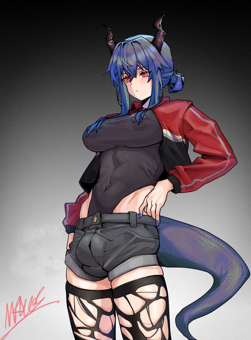 1futa arknights big_breasts blue_hair breasts bulge ch'en_(arknights) clothed clothing congopostvi dragon_girl dragon_horns fully_clothed futa_only futanari humanoid light-skinned_futanari light_skin shorts solo standing tail