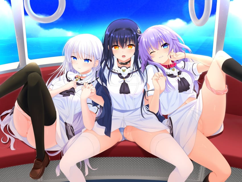 3girls anus ascot ass_visible_through_thighs bell belt_collar black_ascot black_capelet black_hair black_hairband black_pantyhose black_socks blue_eyes blue_panties blue_sky blunt_ends blush bone_hair_ornament brown_footwear capelet censored clenched_teeth closed_mouth clothes_lift clothes_pull clothing_aside collar commission crossed_bangs day eyes_visible_through_hair feet_out_of_frame fingernails foot_out_of_frame hair_behind_ear hair_between_eyes hair_ornament hairband hairclip hands_up heart heart_collar highres holding_hands indoors interlocked_fingers jingle_bell kneehighs knees_together_feet_apart kushima_kamome leg_lift loafers long_hair looking_at_viewer lying mosaic_censoring multiple_girls naruse_shiroha navel neck_bell ocean official_alternate_costume official_style on_back one_eye_closed open_mouth otou_(otou_san) panties panties_around_one_leg panties_aside pantyhose pantyhose_pull pink_panties puffy_short_sleeves puffy_sleeves purple_hair pussy raised_eyebrows ringed_eyes sailor_collar school_uniform serafuku shirt shoes short_sleeves side-by-side sidelocks sitting skeb_commission skirt skirt_lift skull_and_crossbones skull_hair_ornament sky socks sorakado_ai spread_legs straight_hair summer_pockets teeth thighhighs thighs underwear variant_set wavy_mouth white_hair white_sailor_collar white_serafuku white_shirt white_skirt white_thighhighs window yellow_eyes zettai_ryouiki