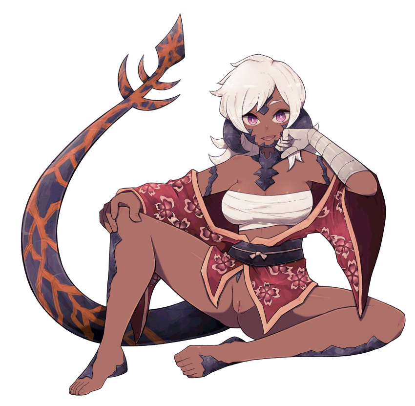 absurdres au_ra bare_legs bare_shoulders barefoot black_scales breasts chest_sarashi cleavage dark-skinned_female dark_skin dragon_girl dragon_horns feet female fingernails floral_print hand_on_own_leg highres hokuto_kensei_(kenseihokuto) holding_own_head horns japanese_clothes kimono lamb-oic029 long_eyelashes long_hair long_tail looking_at_viewer medium_breasts midriff_peek nude on_floor open_mouth original prosthesis prosthetic_arm pussy raised_eyebrows red_kimono sarashi shadow shiny_skin smile solo spiked_tail tail toenails tongue white_background white_hair