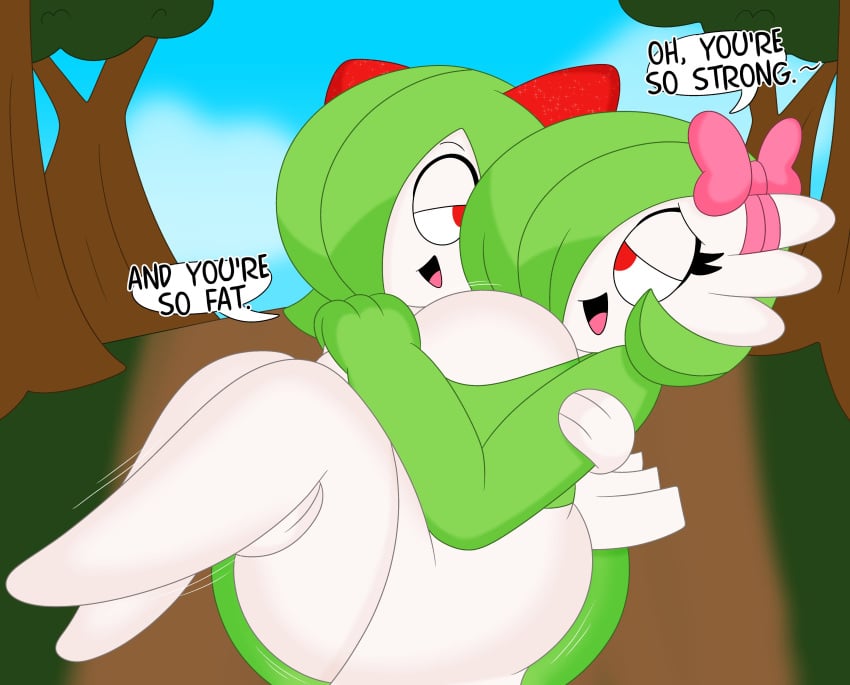 2girls 3barts big_breasts carrying_another english_text female forest_background gardevoir intraspecies kirlia pokemon pokemon_(species) wide_hips