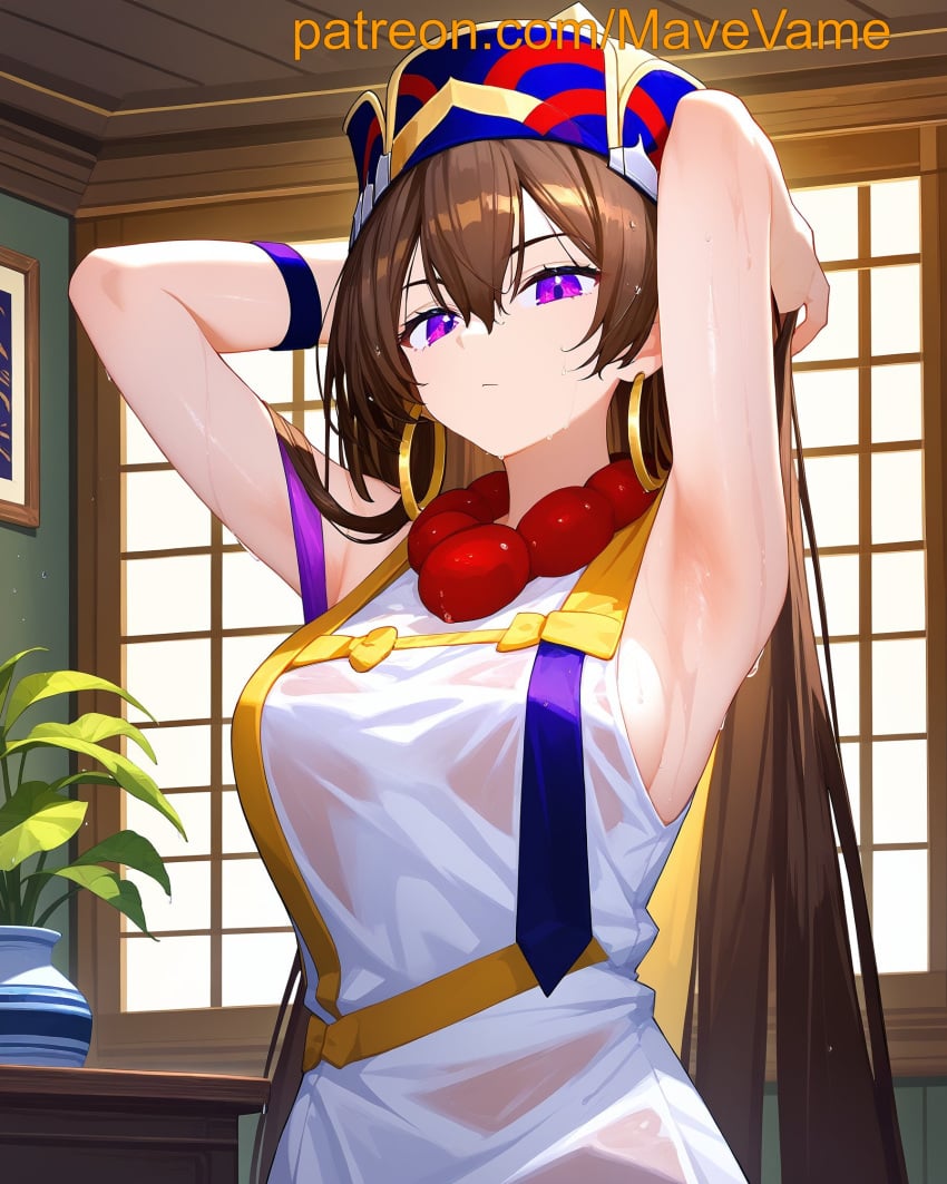 ai_generated armpits brown_hair earrings fate/grand_order fate_(series) hands_behind_head mouth_closed purple_eyes sweat xuangzang_sanzang_(fate) xuanzang_(fate)