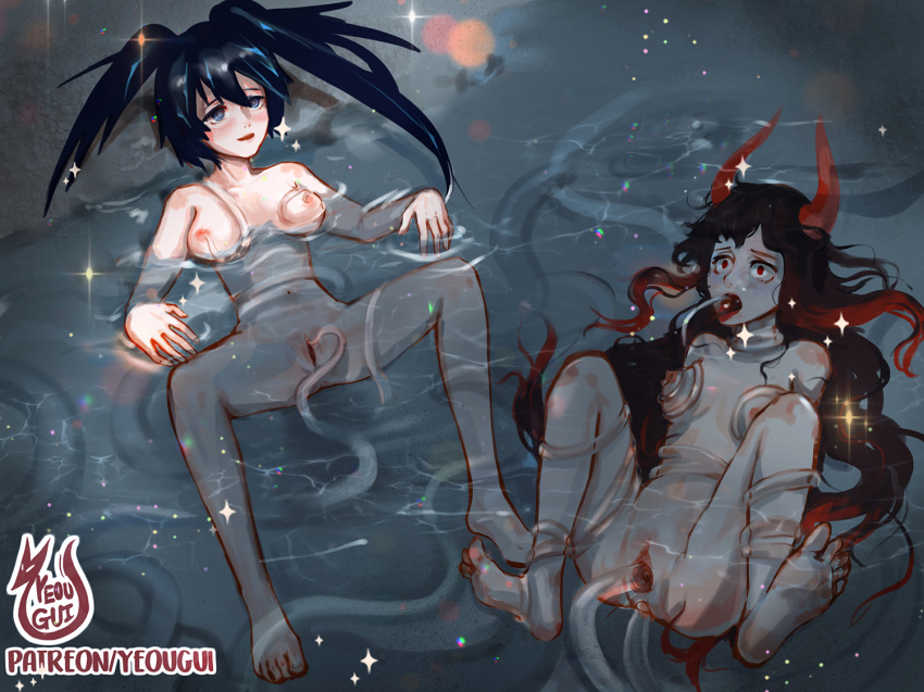 2girls anal black_gold_saw black_hair black_rock_shooter black_rock_shooter_(character) blue_eyes blue_tentacles blush breasts dark_blue_hair dark_red_hair female horns long_hair medium_breasts multiple_girls nipples open_mouth oral penetration pool pussy rape red_eyes red_horns sex spread_legs tentacle tentacle_in_mouth tentacle_penetration tentacle_sex tongue tongue_out translucent_tentacles triple_penetration twintails vaginal_penetration wide_eyed wide_hips yeougui