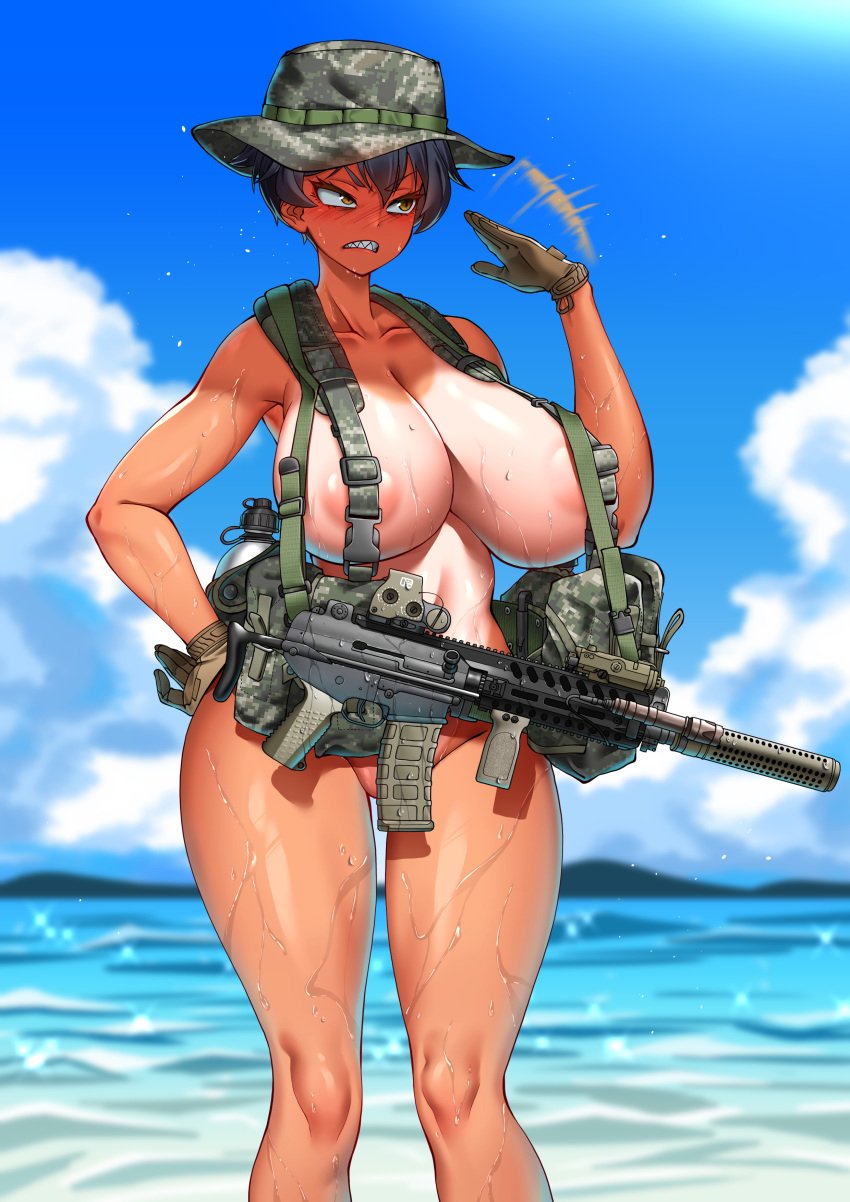 breasts camo_clothing camo_print camouflage convenient_censoring female functionally_nude functionally_nude_female gloves gun hat hitch_(hitch_driessen/perotoss400/kirochef) nipples sharp_teeth tan_body tanline tanned thighs weapon wet wet_body wet_skin