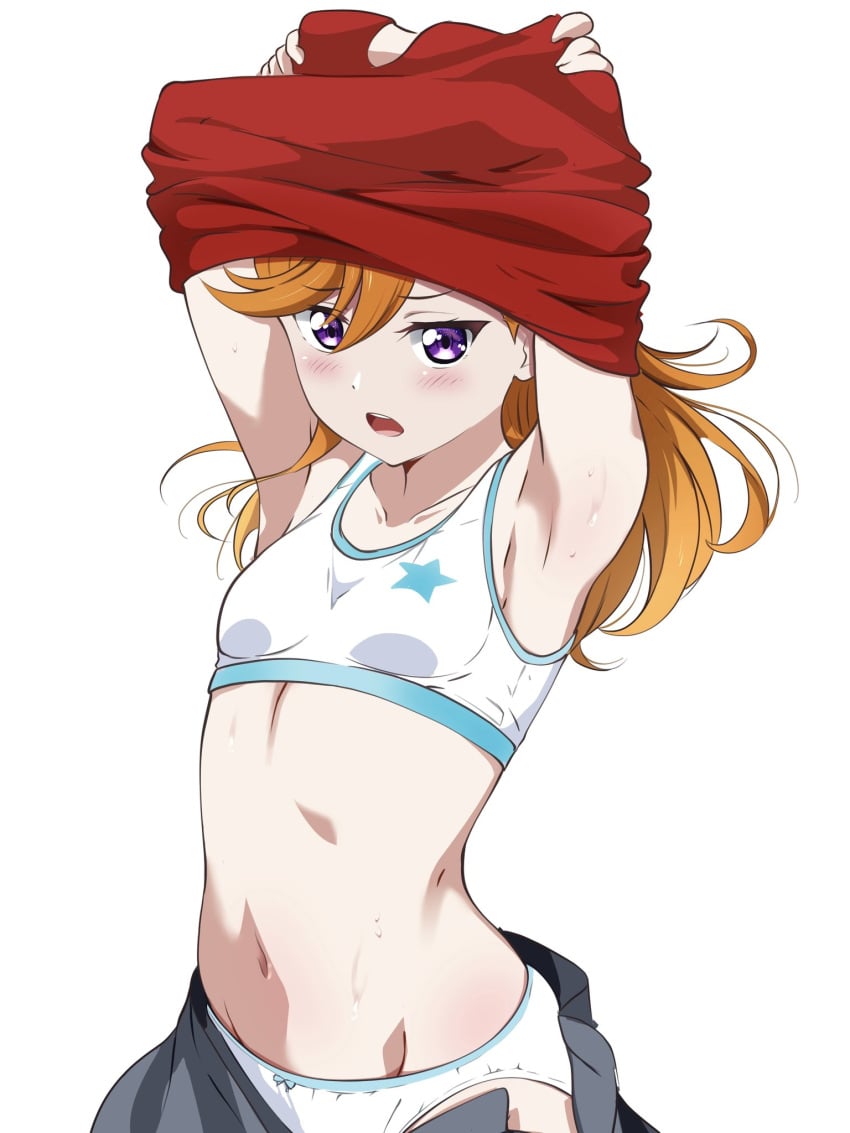 armpits arms_above_head arms_up bare_armpits bare_belly bare_hips bare_midriff bare_navel bare_shoulders bare_skin bare_torso blue_trim blush blush_lines blushing_at_viewer blushing_female borgbutler bra breasts clothes_lift clothes_pull collarbone dot_nose embarrassed embarrassed_female exposing exposing_chest exposing_self female fingers flat_belly flat_chest flat_chested grey_skirt hair_between_eyes hands_above_head hands_up high_school_student hourglass_figure long_hair looking_at_viewer love_live! love_live!_superstar!! midriff navel open_mouth orange_eyebrows orange_hair orange_hair_female panties parted_lips petite petite_body petite_breasts petite_female petite_girl pulling_own_clothes purple_eyes purple_eyes_female red_shirt school_girl shibuya_kanon shirt shirt_lift simple_background skinny skinny_female skinny_girl skinny_waist skirt slender_body slender_waist slim_girl slim_waist small_breasts solo star_(symbol) star_print stomach sweat sweatdrop teen_girl teenage_girl teenager thin_waist tongue underwear undressing undressing_self upper_teeth white_background white_bra white_panties white_underwear wide_hips