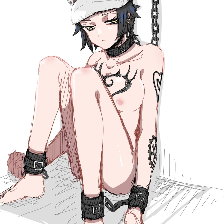 1girls ankle_cuffs arm_tattoo breast_tattoo breasts canon_genderswap completely_nude female female_only fur_hat genderswap_(mtf) hat k84612 medium_breasts nipples nude one_piece rule_63 short_hair shoulder_tattoo sitting slave tattoo trafalgar_law trafalgar_law_(female) yellow_eyes