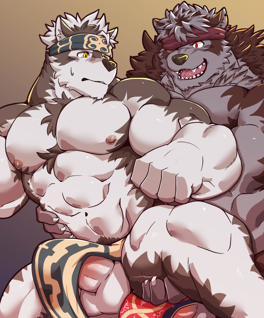 abs accessory anthro balls biceps blush brown_fur canid canine canis clothing duo fur grey_fur headband hi_res horkeukamui istani loincloth male male_only mammal multicolored_fur muscular muscular_male navel nipples pecs penis red_eyes tokyo_afterschool_summoners triceps two_tone_fur video_games volkv_vseslav white_fur wolf yellow_eyes