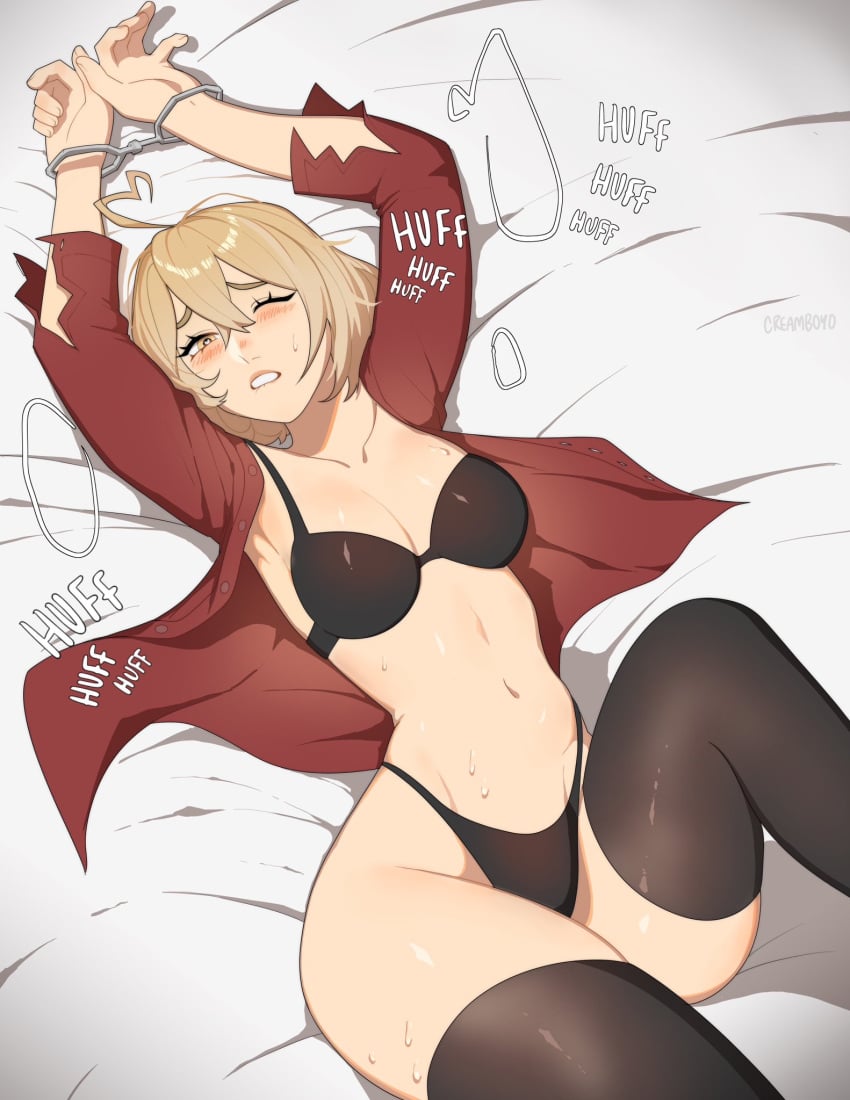 1girls ahoge arms_up biting_own_lip black_thighhighs blonde_hair blush bra commission creamboyo cuff_(restraint) cuffed_wrists female female_only heart-shaped_pupils heart_ahoge hi_res looking_at_viewer lying lying_on_back lying_on_bed one_eye_closed panties shirt solo thighhighs yellow_eyes