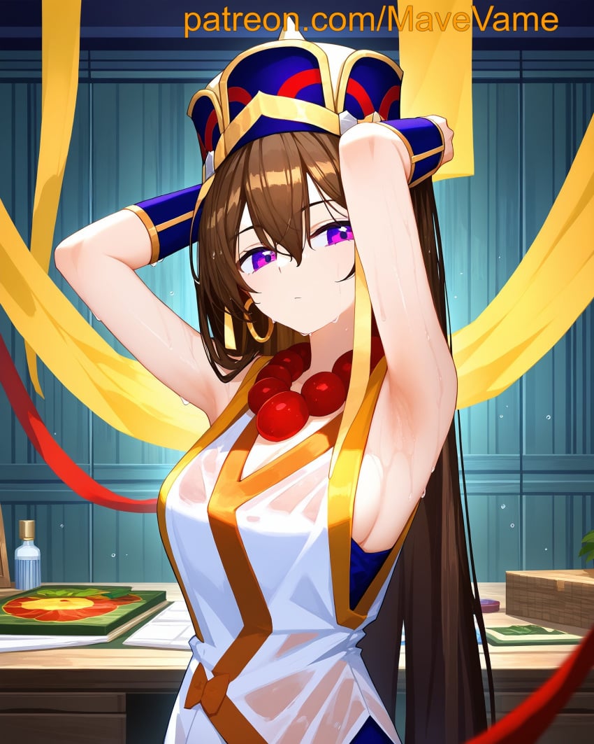 ai_generated armpits brown_hair earrings fate/grand_order mouth_closed purple_eyes slender_body sweat xuanzang_(fate)