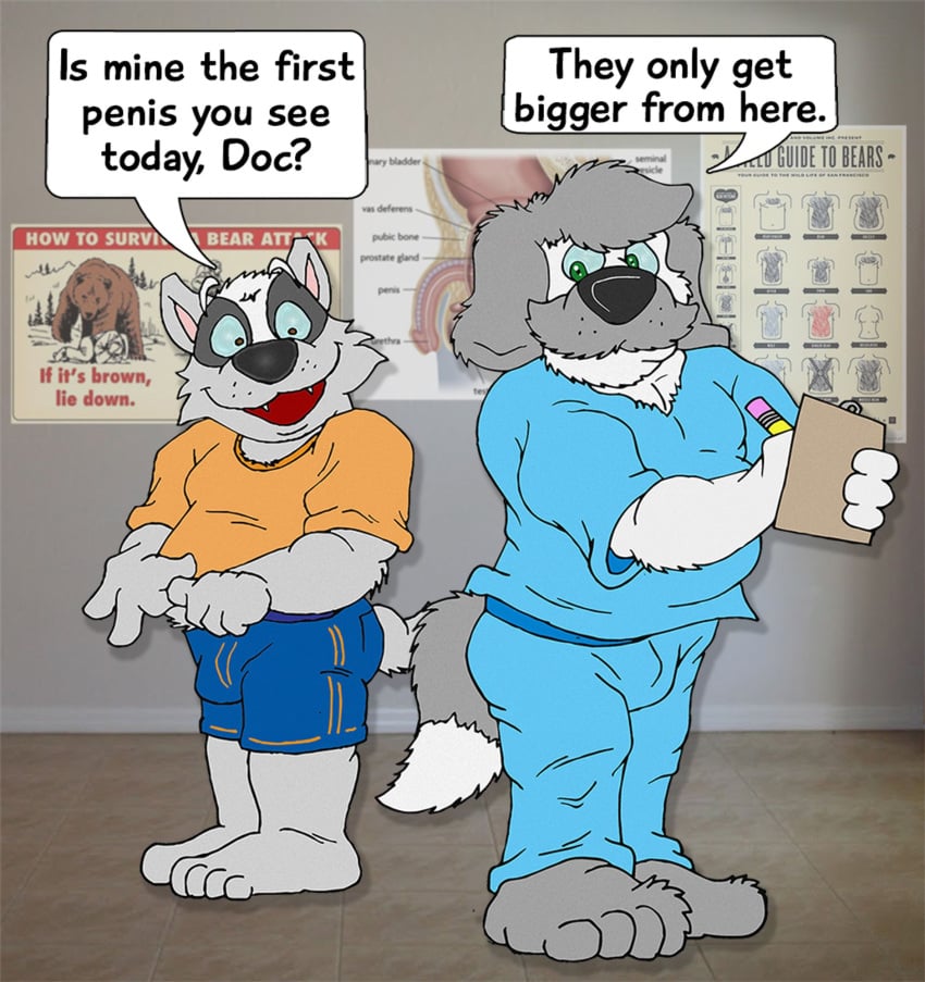 anthro badger barefoot biological_illustration black_nose black_text blue_bottomwear blue_clothing blue_sclera blue_scrubs blue_shorts bottomwear brown_eyes bruce_(brucebadger) bruce_badger brucebadger bulge canid canine canis clothing dialog_balloon dialogue doctor's_office domestic_dog duo english_text facial_hair feet floor fur genitals green_eyes grey_body grey_fur herding_dog hi_res humiliation inside insult male male/male mammal medical_chart medical_illustration moustache mustelid musteline old_english_sheepdog open_mouth orange_clothing orange_shirt orange_t-shirt orange_topwear ozzie_shepley pastoral_dog pencil penis penis_humiliation scrubs sharp_teeth sheepdog shirt shorts small_penis_humiliation t-shirt technical_illustration teeth teeth_showing text tile tile_floor topwear white_body white_fur