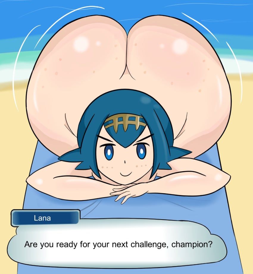 >:) 1girls ass beach beach_towel blue_eyes blue_hair casual casual_exposure casual_nudity completely_nude completely_nude_female dialogue exhibitionism exhibitionist female female_only full_body huge_ass human human_only lana_(pokemon) looking_at_viewer matching_hair/eyes naked naked_female nude nude_female nudist nudist_beach outdoors pokemon public public_exposure public_nudity smile smug solo solo_female speech_bubble telosynth text text_bubble