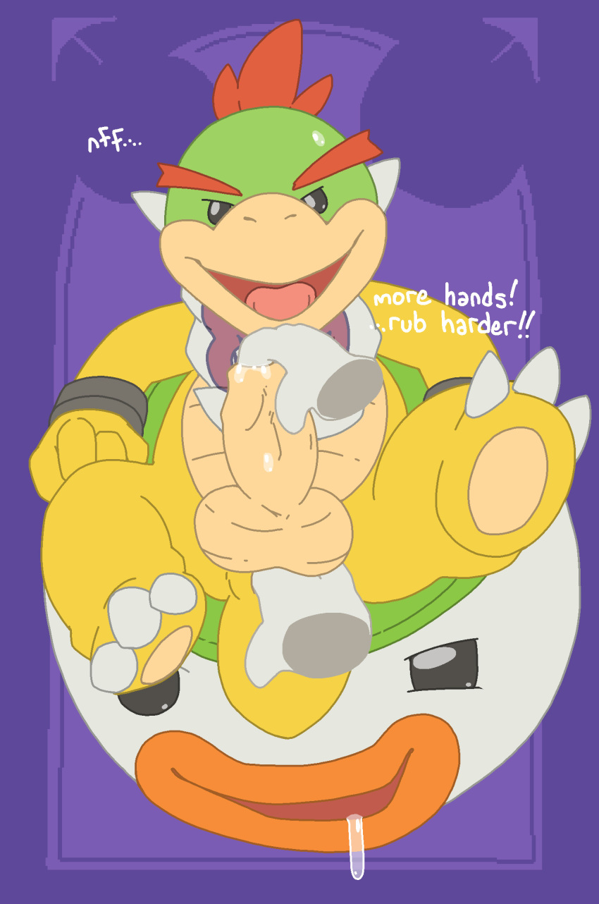 2019 3_toes aliasing anal anal_beads anal_fingering anthro argon_vile balls black_eyes bodily_fluids bowser_jr. cellphone claws disembodied_hand drooling english_text erection fingering foreskin_play front_view genital_fluids hi_res hud koopa koopa_clown_car looking_at_viewer male male_only mario_(series) nintendo nude penis phone precum purple_background saliva scalie sex_toy simple_background smartphone smile solo text toes uncut video_games young