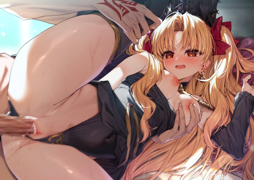 1boy alfred black_hair blonde_hair bow breasts censored earrings ereshkigal_(fate) fate/grand_order fate_(series) female fujimaru_ritsuka_(male) hairbow happy_sex highres jewelry long_hair lying medium_breasts nipples on_side parted_bangs penis red_eyes sex straight thighs tiara two_side_up vaginal_penetration