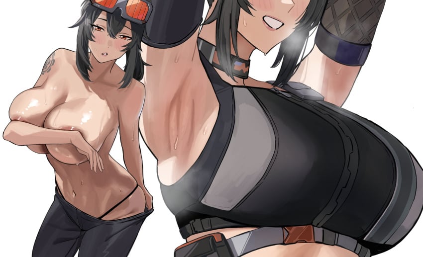 1girls arm_up armpit armpit_crease armpit_fetish armpits arms_up belly belly_button big_breasts black_hair busty cleavage clothed covering_breasts covering_nipples dark_hair female female_only goggles goggles_on_head grace_howard hoyoverse huge_breasts large_breasts light-skinned_female light_skin mechanic mihoyo mugi_(mugit49) smile smiling smirk smirking steam steamy_breath tagme tagme_(artist) tied_hair tomboy topless tummy white_background zenless_zone_zero