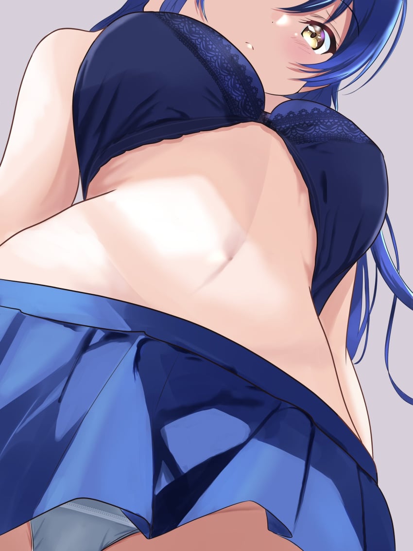 1girls absurd_res absurdres bare_arms bare_belly bare_hips bare_midriff bare_navel bare_shoulders bare_skin bare_torso belly belly_button blue_bra blue_eyebrows blue_hair blue_hair_female blue_panties blue_skirt blue_underwear blush blush blush_lines blushing_at_viewer blushing_female borgbutler bra breasts cleavage dot_nose female female_focus female_only grey_background groin half_naked high_resolution highres hourglass_figure light-skinned_female light_skin lips looking_at_viewer love_live! love_live!_school_idol_project medium_breasts naked naked_female navel nude nude_female panties pussy shoulders simple_background skirt slender_body slender_waist slim_girl slim_waist solo sonoda_umi standing thighs thin_waist underboob underwear upper_body white_background wide_hips yellow_eyes yellow_eyes_female