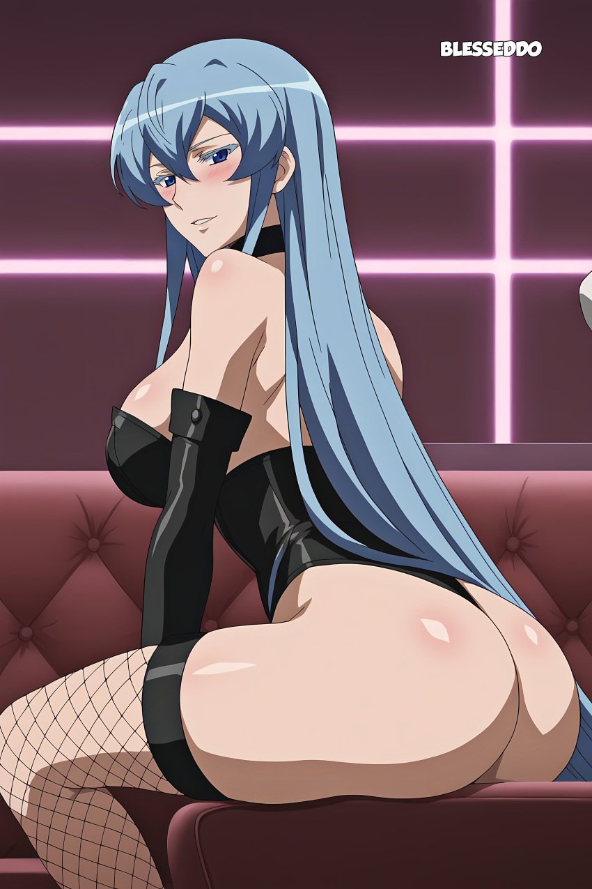 1girls ai_generated akame_ga_kill! ass ass_focus blesseddo blue_eyes blue_hair blush breasts esdeath_(akame_ga_kill!) long_hair looking_at_viewer looking_back solo tagme