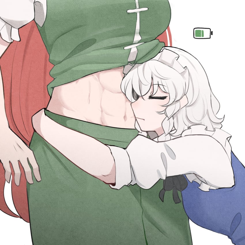 battery_indicator green_dress hong_meiling hugging hugging_waist izayoi_sakuya maid_uniform mata_(matasoup) muscles muscular_female red_hair sakuya_izayoi shirt_lift touhou yuri