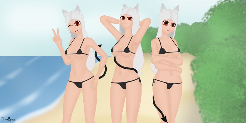 3girls armpits arms_behind_head cerberus_(helltaker) demon demon_tail dog_ears female female_only helltaker micro_bikini multiple_girls red_eyes thedaemon v_sign white_hair