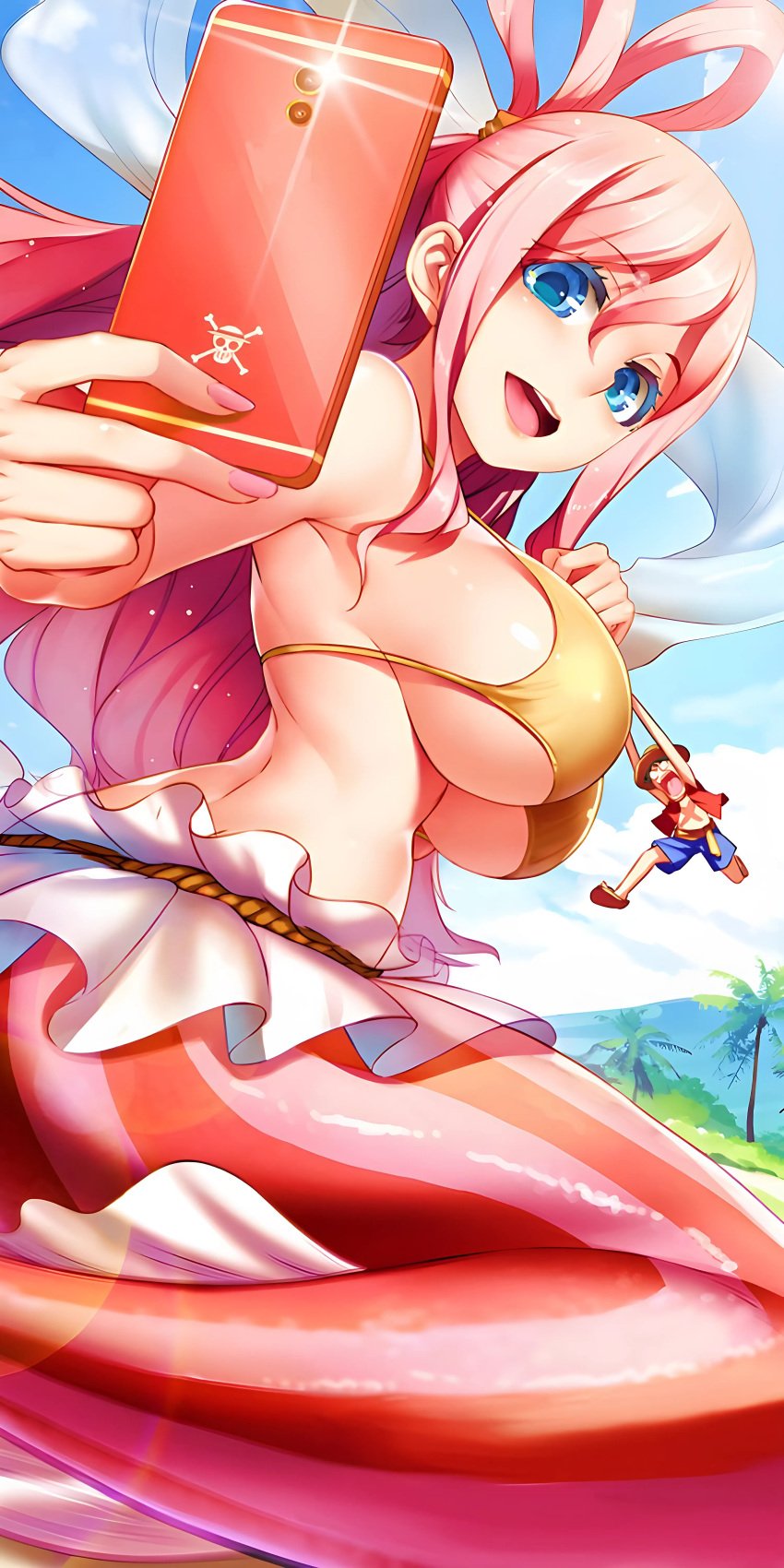 1boy 1girls artist_request big_breasts boffy21666 curvy_body curvy_female curvy_figure female huge_breasts male mermaid mermaid_girl monkey_d_luffy one_piece pink_eyes shirahoshi siren