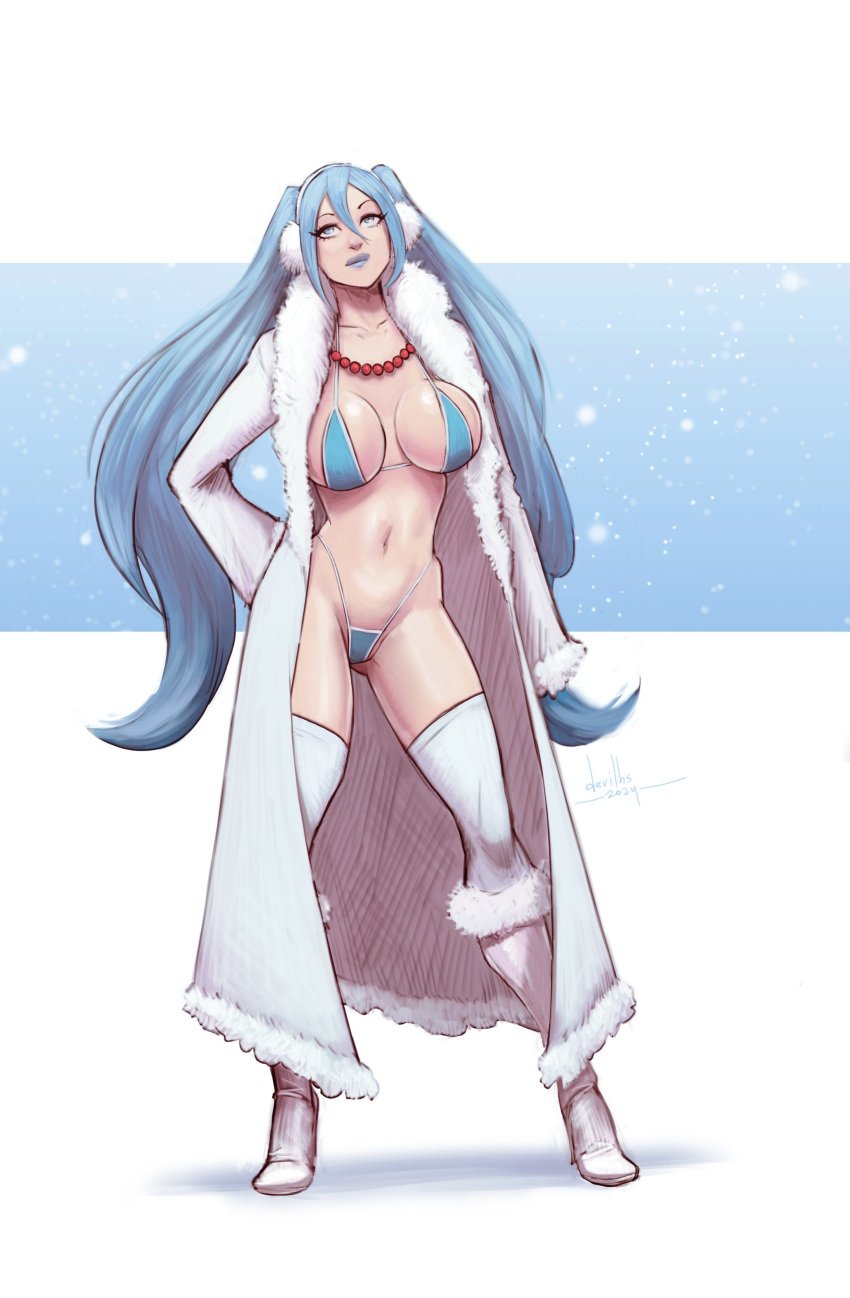 2024 bikini boots busty coat devil_hs earmuffs female female_focus female_only full_body fur_coat hatsune_miku hourglass_figure long_hair pinup pinup_pose slavic_miku tagme twintails vocaloid wide_hips