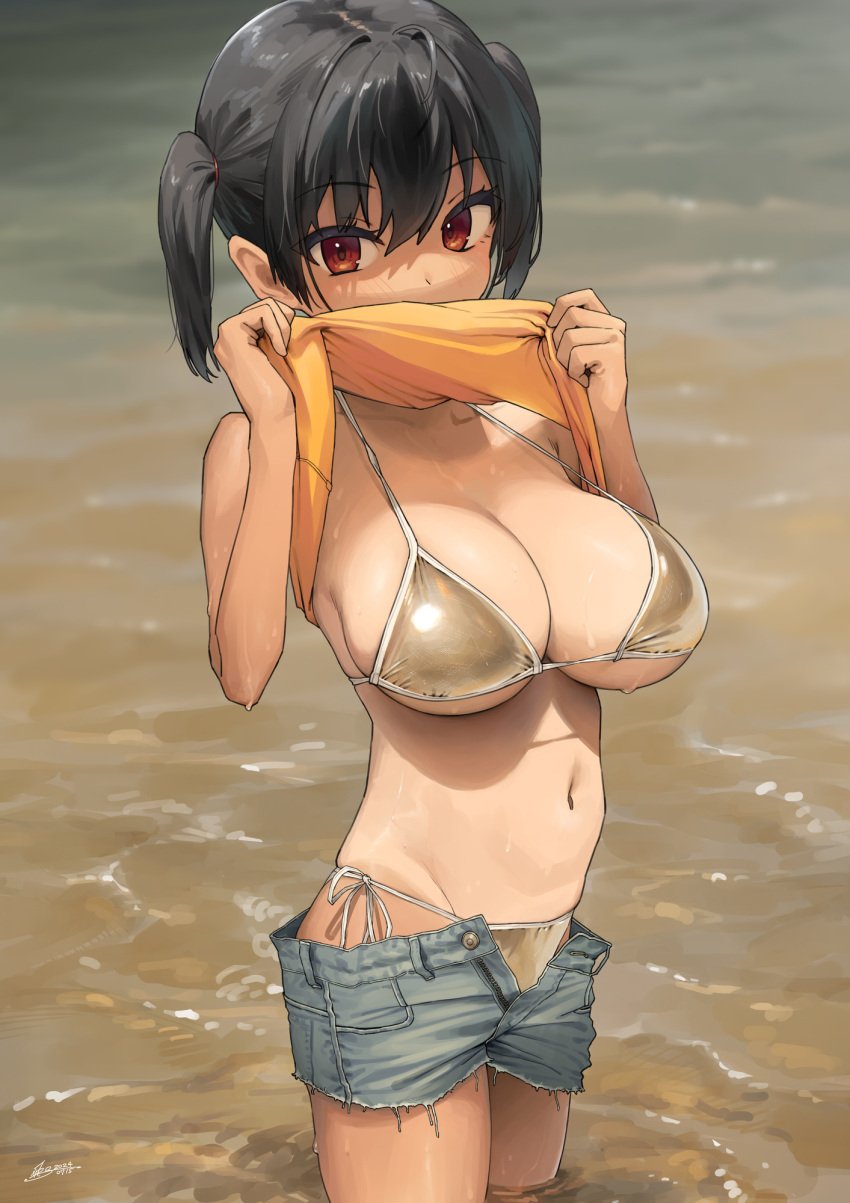 1girls big_breasts bikini black_hair blush breasts color female full_body hips kaedeko_(kaedelic) kanna_sasaki_(kaedeko) looking_at_viewer navel orange_eyes panties ponytail ponytails shorts stomach t-shirt water