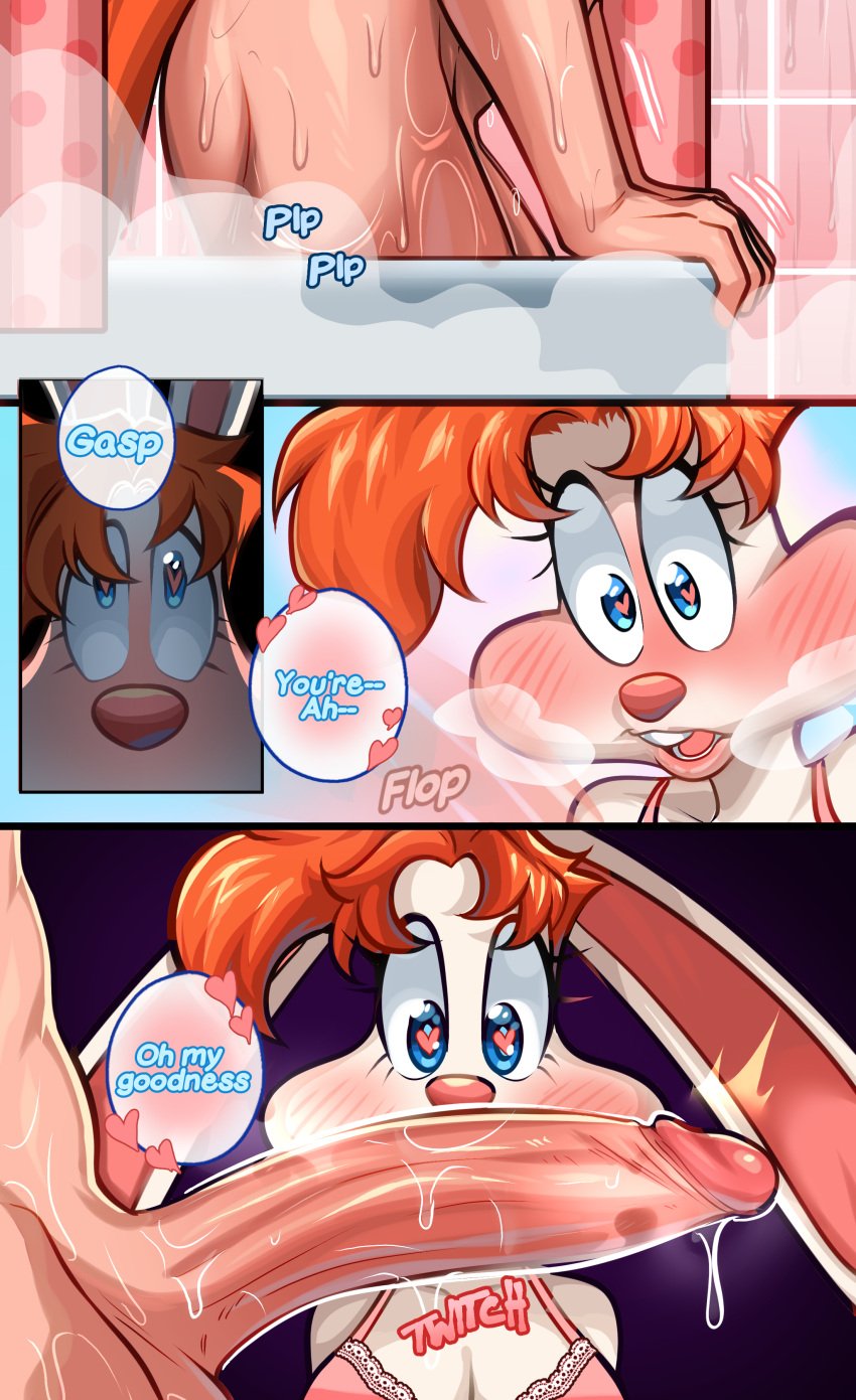 absurd_res aggravatedmomo anthro balls blush breasts cleavage clothed clothing comic dialogue disney duo eyelashes female ftm_crossgender genderswap_(ftm) genderswap_(mtf) genitals hair heart_eyes heart_symbol hi_res jessica_rabbit lagomorph leporid male male/female mammal mtf_crossgender nude orange_hair penis pupils rabbit roger_rabbit rule_63 speech_bubble text who_framed_roger_rabbit