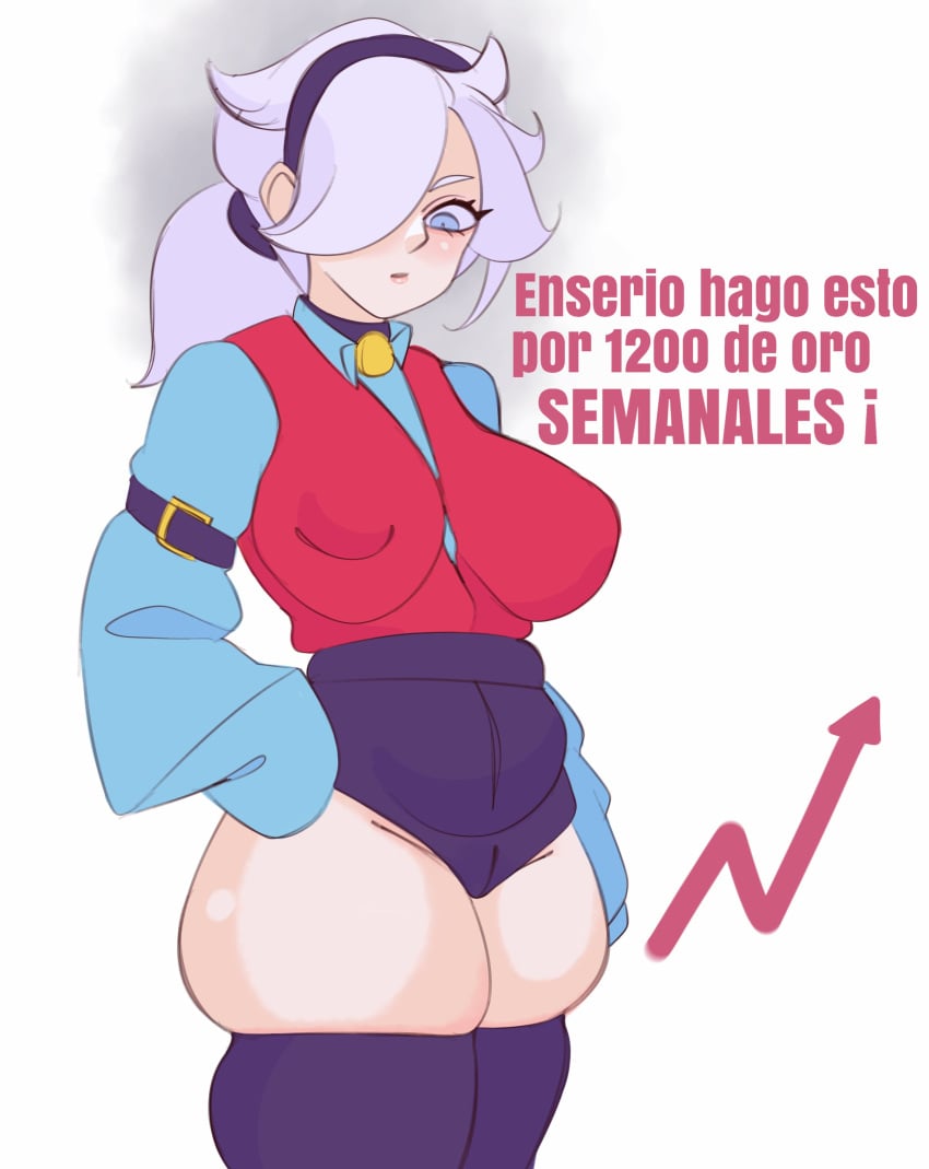 1girls 2024 ass big_ass big_breasts big_butt blue_clothing blue_eyes brawl_stars breasts colette_(brawl_stars) female hand_on_hip izutsumihr light-skinned_female light_blue_clothing light_blue_eyes light_skin looking_down noboko_k purple_clothing red_clothing simple_background spanish spanish_text supercell tagme text thick_thighs white_background white_hair wide_hips