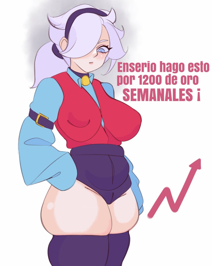 1girls 2024 ass big_ass big_breasts big_butt blue_clothing blue_eyes brawl_stars breasts colette_(brawl_stars) female hand_on_hip izutsumihr light-skinned_female light_blue_clothing light_blue_eyes light_skin looking_down noboko_k purple_clothing red_clothing simple_background spanish spanish_text supercell tagme text thick_thighs white_background white_hair wide_hips yokoifubuke