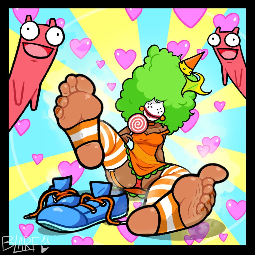 1girls blarf022 castle_crashers cleavage clown clown_girl clown_shoes dark-skinned_female dark_skin feet foot_fetish foot_focus lollipop musk musky_feet newgrounds orange_princess_(castle_crashers) painted_toenails panties panty_shot shoes_removed smell smelly_feet stirrup_legwear stirrup_stockings striped_legwear striped_stockings unworn_shoes