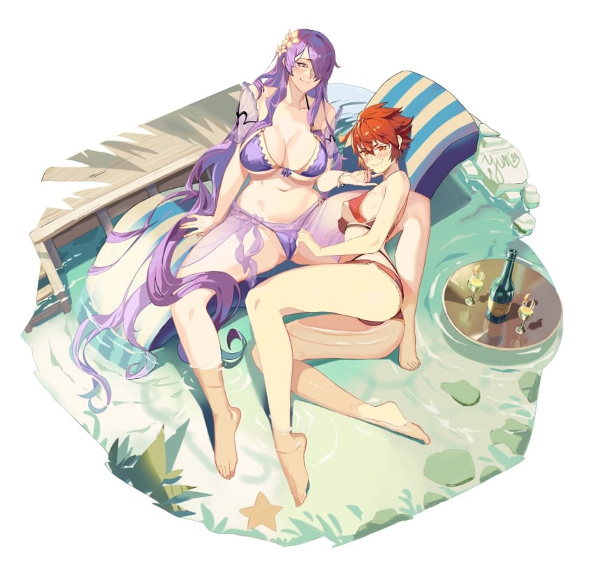 2girls alternate_costume ass bare_legs big_ass bikini bottle breasts camilla_(fire_emblem) camilla_(summer)_(fire_emblem) cleavage covered_nipples cup drinking_glass female female_only fire_emblem fire_emblem_cipher fire_emblem_fates fire_emblem_heroes floating_tray hand_on_another's_chin highres hinoka_(fire_emblem) large_breasts long_hair medium_breasts multiple_girls nintendo official_alternate_costume partially_submerged purple_bikini purple_swimsuit red_bikini red_hair red_swimsuit short_hair smile spread_legs starfish swimsuit tray very_long_hair water wine_bottle wine_glass yuri yusi_vishnu