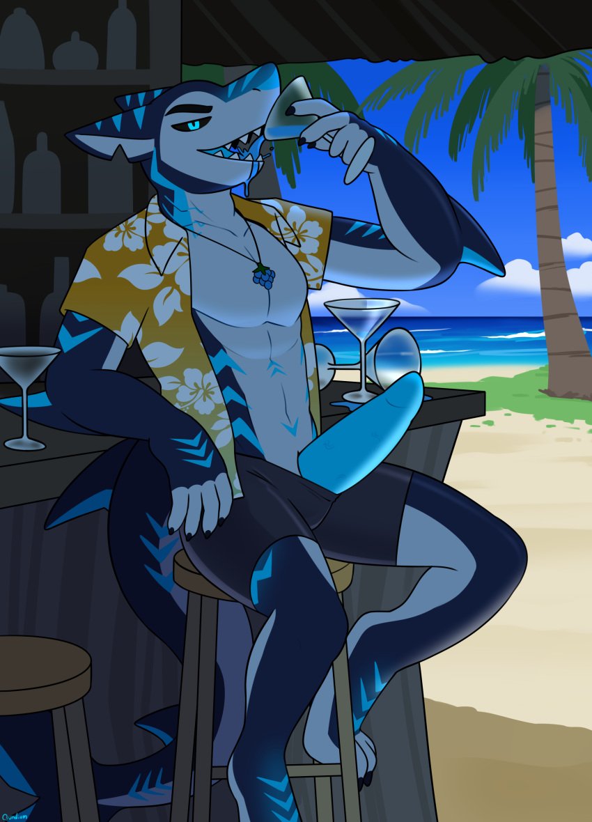 absurd_res alcohol anthro beach beverage bottomwear bottomwear_down clothed clothing detailed_background fish furniture genitals gills hacony hi_res male marine notched_ear open_clothing open_mouth open_shirt open_topwear palm_tree penis plant razz_(razzshark) sea shark shirt shorts sitting sleeping sofa solo spilled_drink stripes teeth topwear tree tropical underwear water