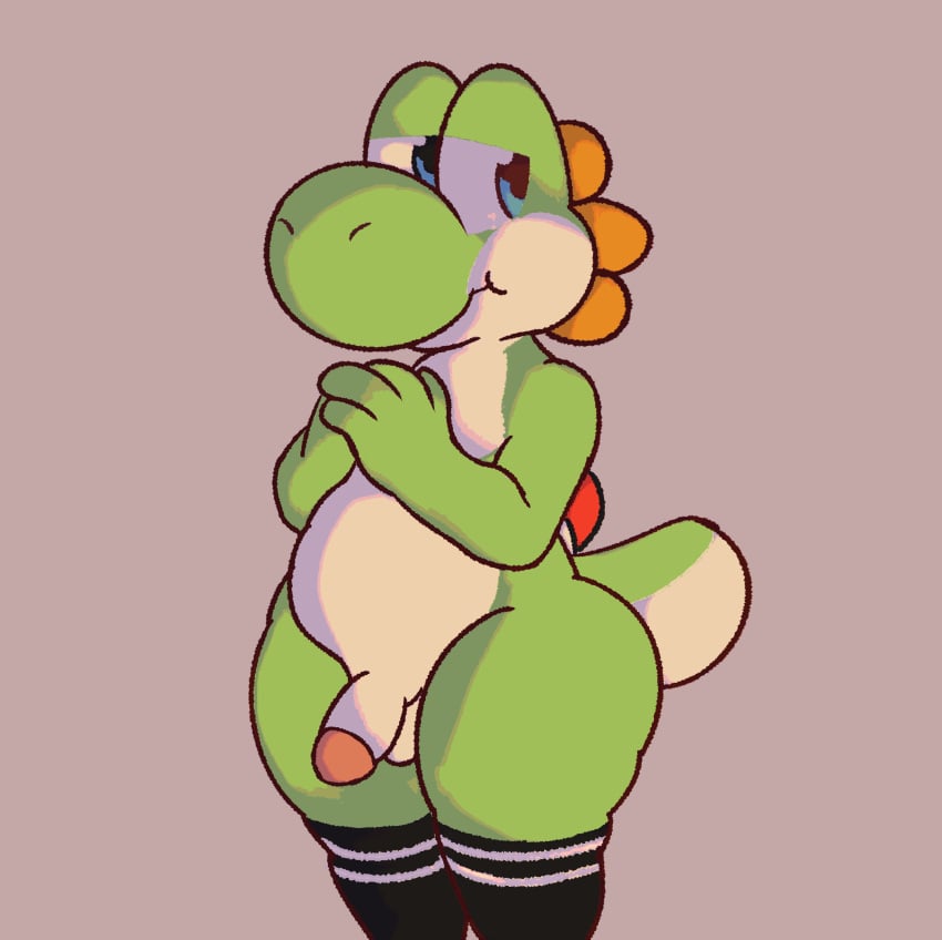 anthro balls clothed dinim femboy genitals green_body hi_res legwear looking_at_viewer mostly_nude penis shy smile solo standing tail thick_thighs yoshi