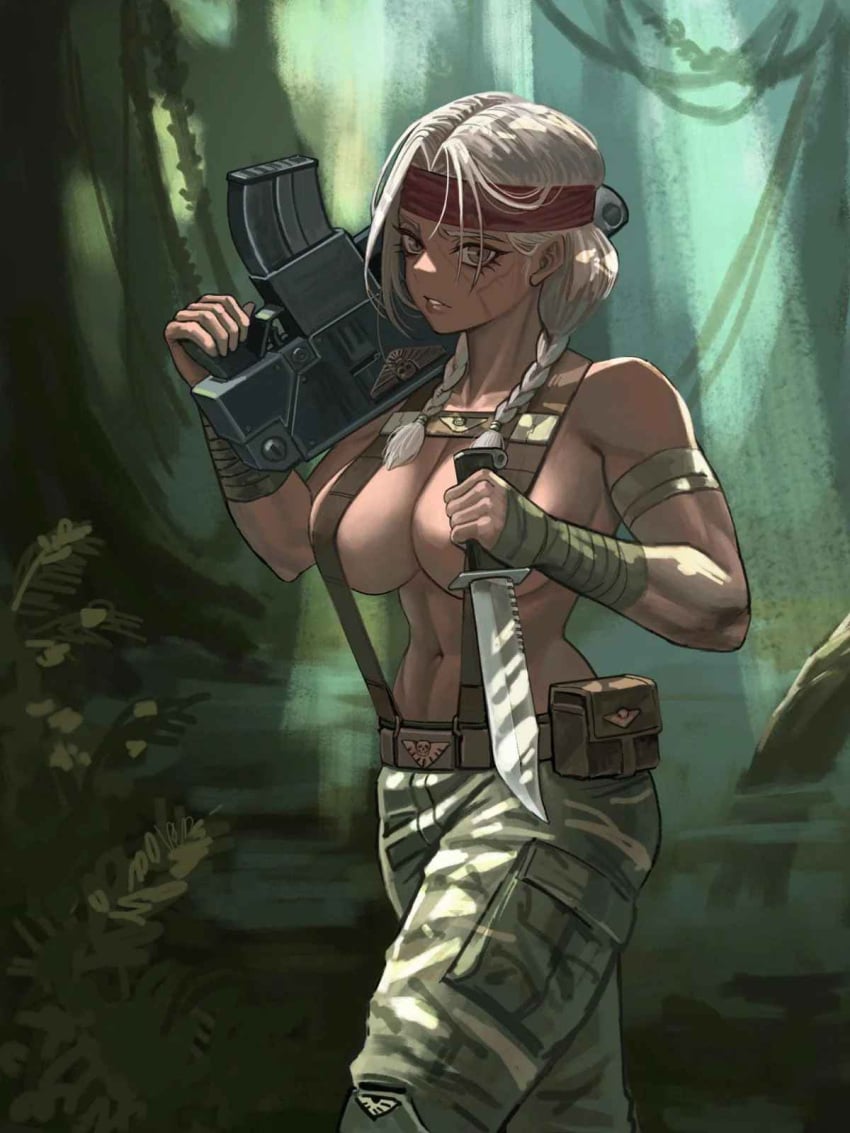 1girls astra_militarum big_breasts catachan_jungle_fighters female female_only grey_eyes guardswoman_(warhammer_40k) imperial_guard imperium_of_man jungle knife muscle muscle_girl muscles muscular muscular_female nipples_covered solo solo_female tagme tagme_(artist) topless warhammer_(franchise) warhammer_40k white_hair