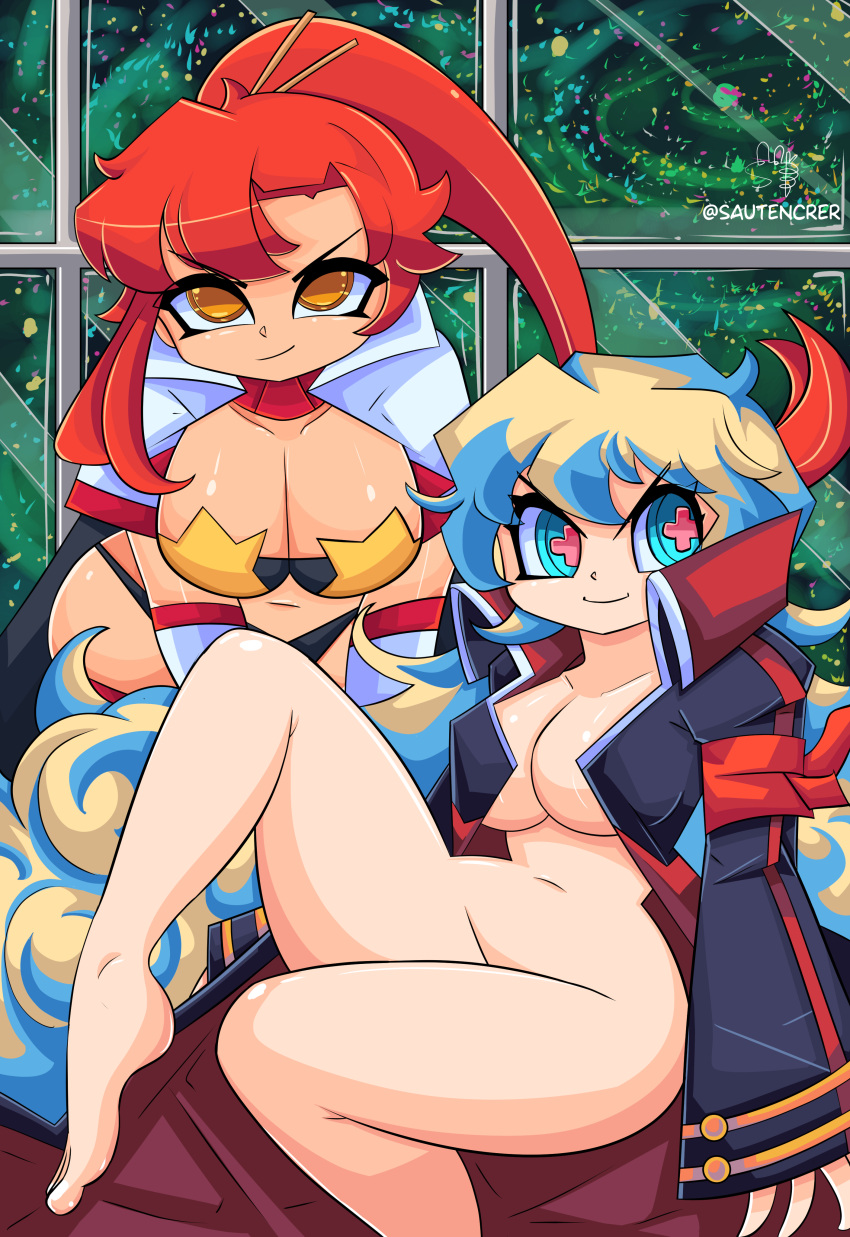 2girls big_breasts big_breasts big_breasts breasts cape cleavage elbow_gloves gloves large_breasts multicolored_hair multiple_girls nia_teppelin pasties red_eyes sautencrer space_yoko star_pasties tengen_toppa_gurren_lagann thick_thighs thighs thong white_cape white_gloves yellow_eyes yoko_littner