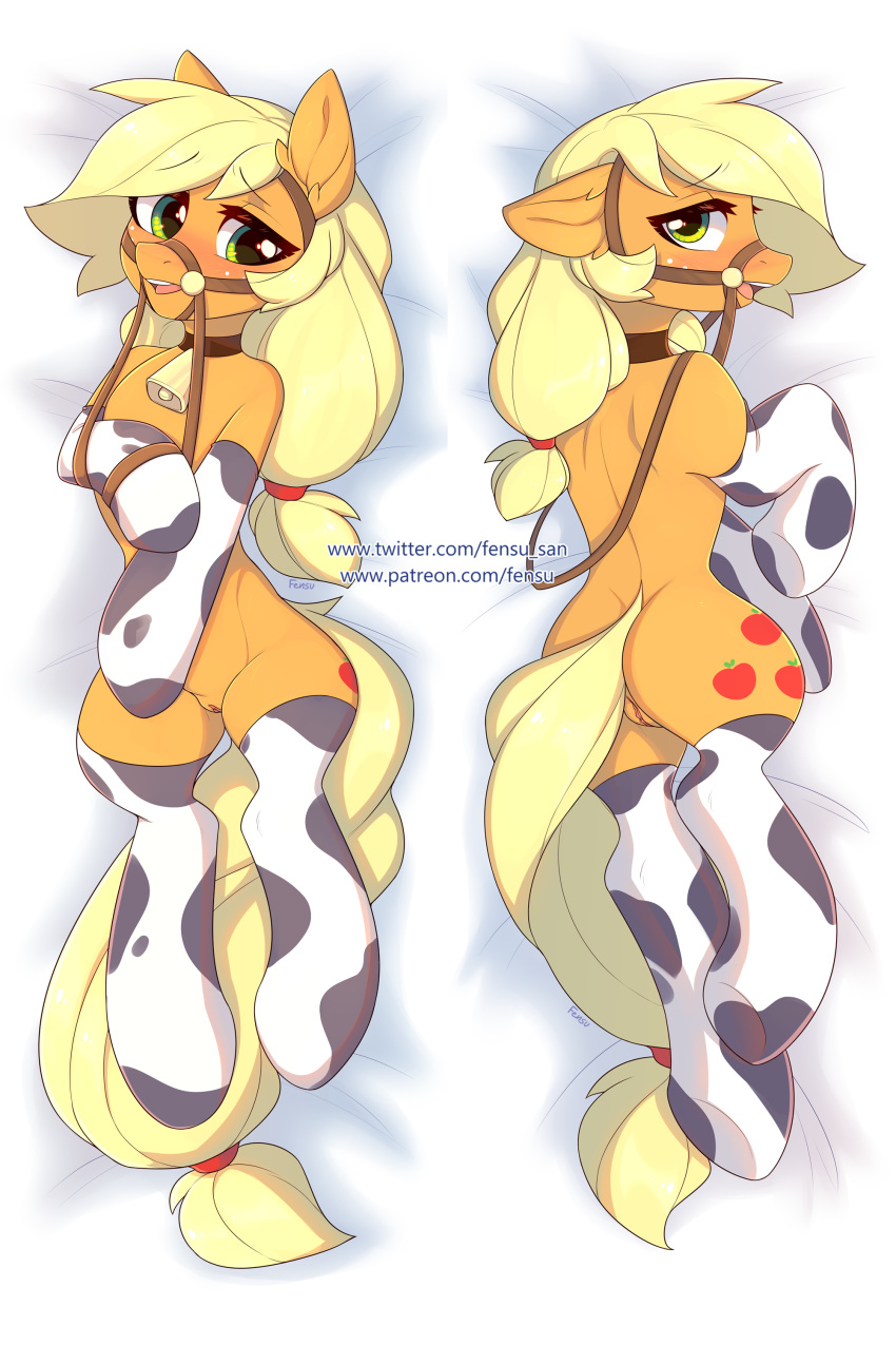 2019 2:3 absurd_res applejack_(mlp) ass clothing cowbell cutie_mark dakimakura_design earth_pony equid equine female fensu-san freckles friendship_is_magic hi_res horse legwear looking_at_viewer lying mammal my_little_pony pony pussy straight_hair url